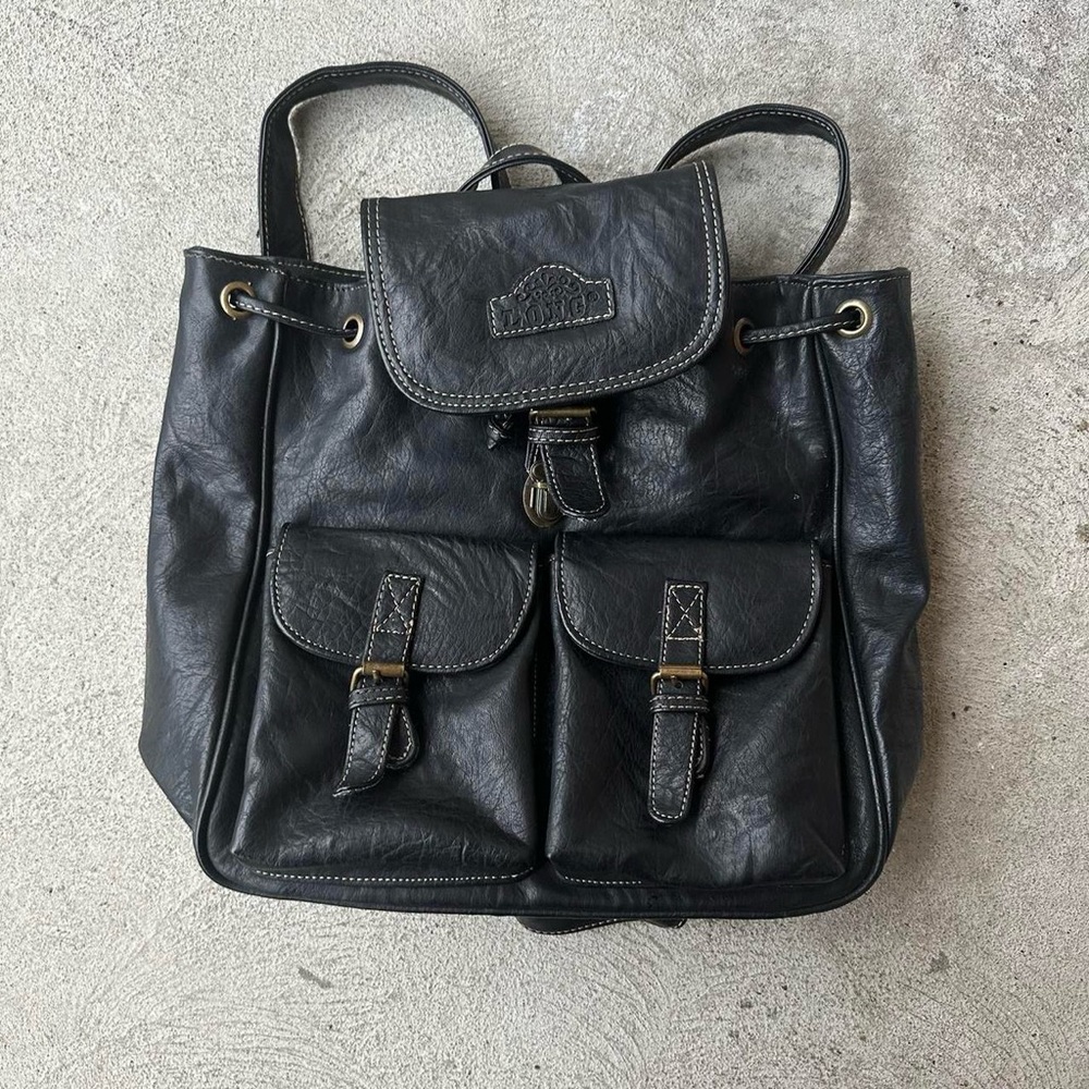 Vintage Long black leather backpack